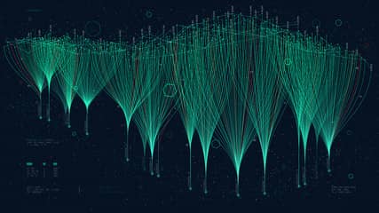 Green fiber optic lines starting at a single point at bottom and branching out to nodes at top